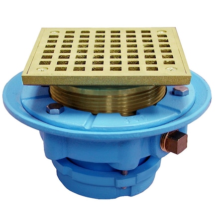 Jones Stephens 2in No Caulk Mechanical Joint Code Blue Floor Drain, 7in Pan, 5in Polished Brass Square Strainer D65511